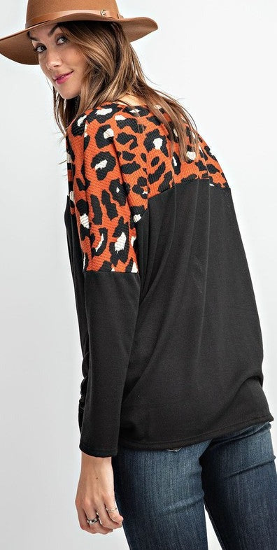 Contrast Animal Print Waffle Top with Waist Knot