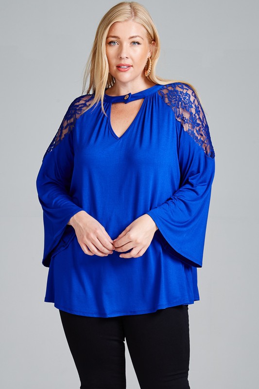 Ruched Keyhole Neckline Tunic with Lace Shoulder Detail