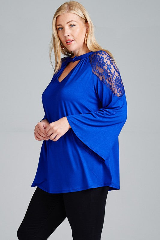 Ruched Keyhole Neckline Tunic with Lace Shoulder Detail