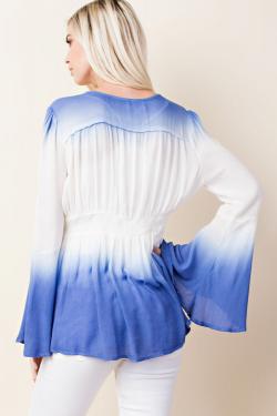 Dip Dye Flared Sleeve Open Front Top