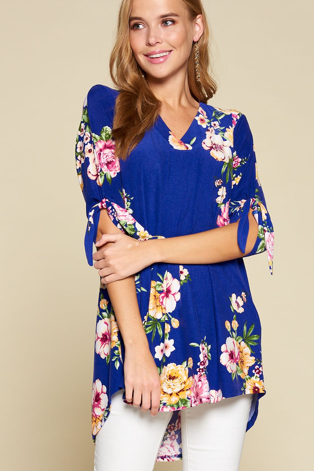 Floral Swing Top with Bow Sleeves